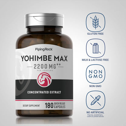 Piping Rock Yohimbe Supplements for Men | 2200 mg | 180 Capsules | Max Concentrated Extract | Non-GMO, Gluten Free Supplement