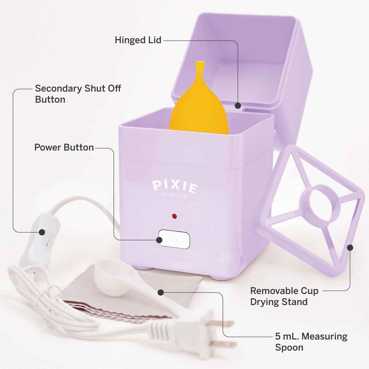 Pixie Menstrual Cup Sterilizer — 3-Minute Steam, Auto Shut-Off, 99.9% Germ Kill