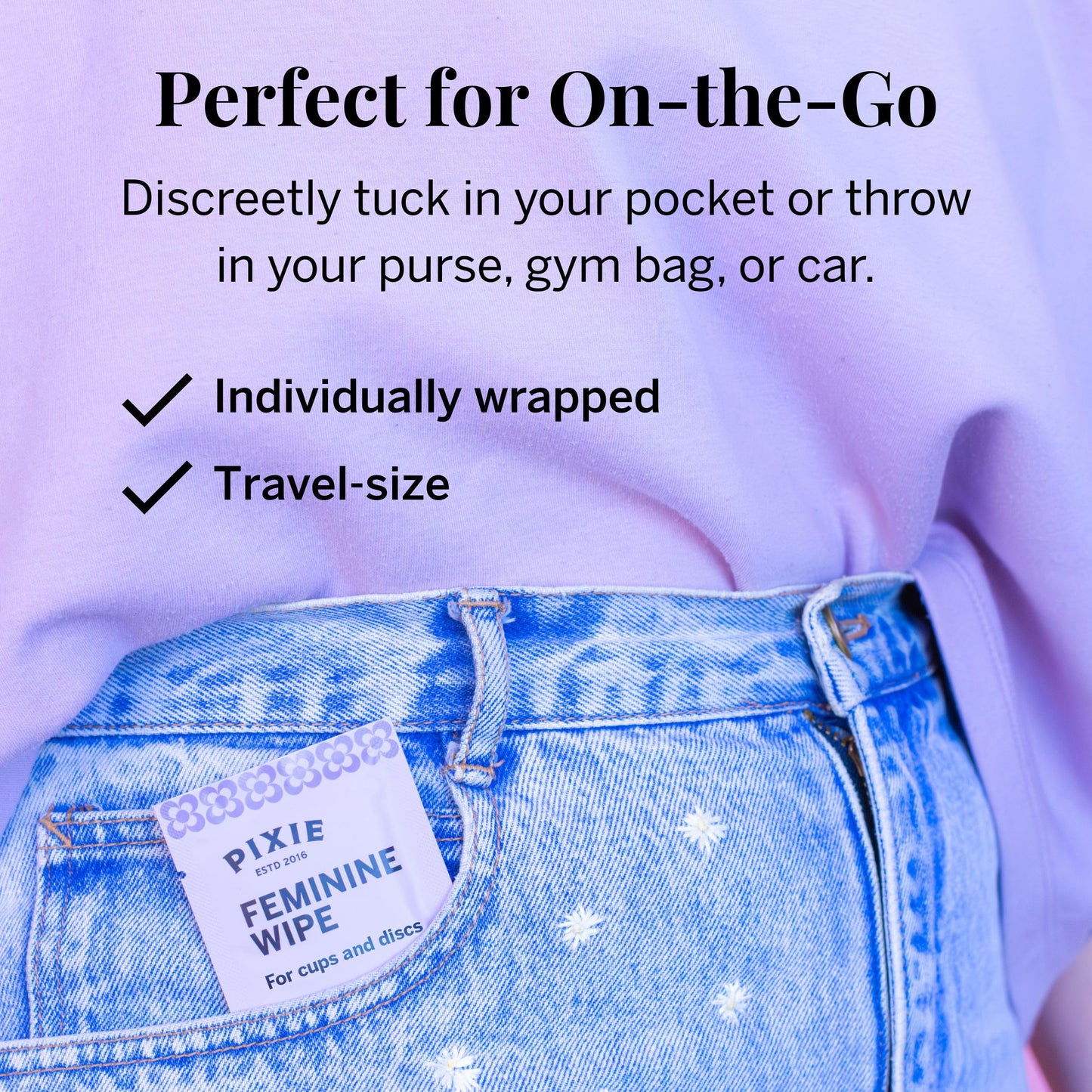 Pixie Cup Feminine Wipes – Flushable, Biodegradable, pH Balanced & Unscented | On-The-Go Cup Care