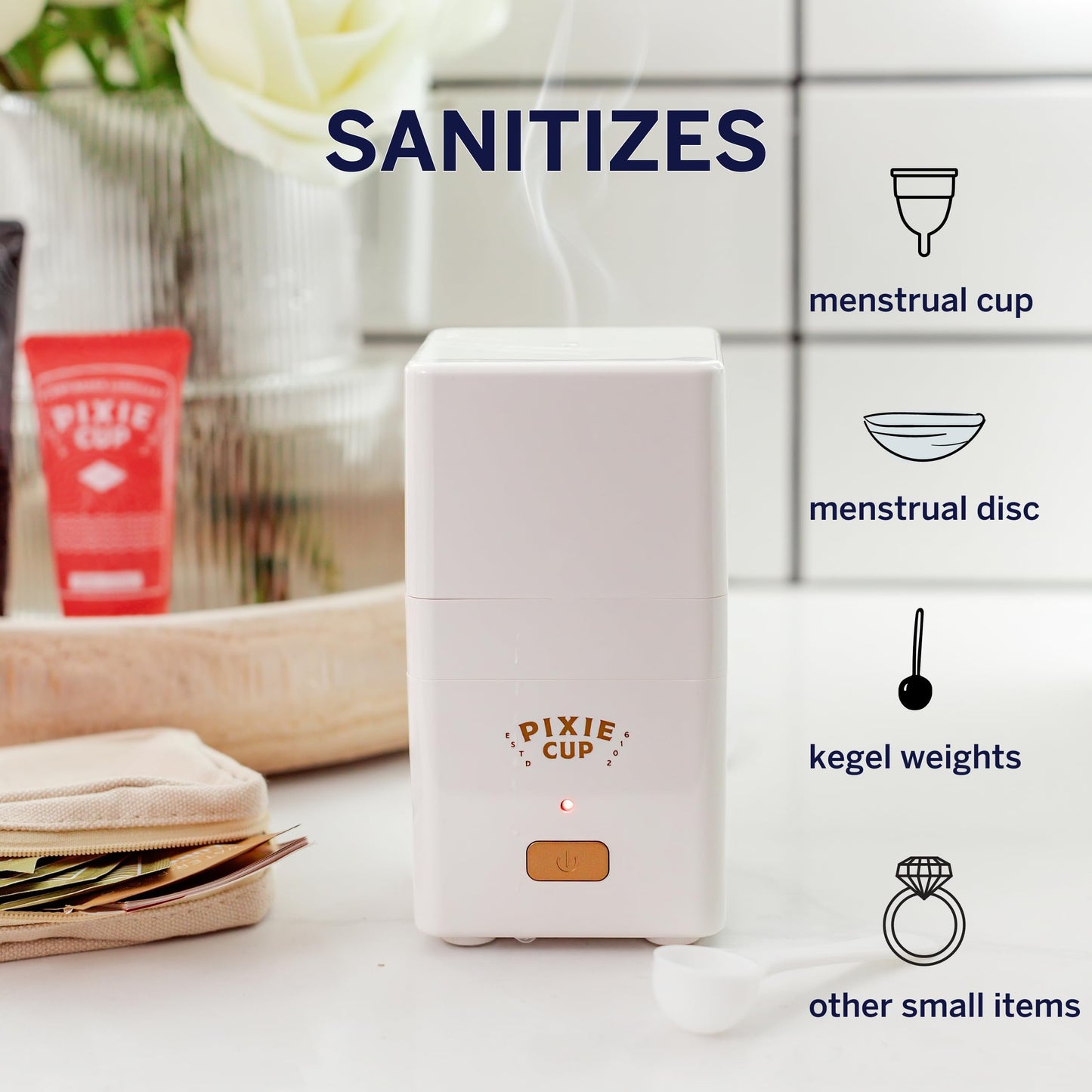 Pixie Cup Steam Cleaner: 3-Min Sterilization, 99.9% Germ Kill, FSA Eligible