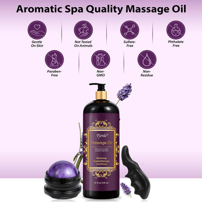 Pjordo Aromatherapy Lavender Massage Oil - Calming, Soothing Spa Oil 10 oz