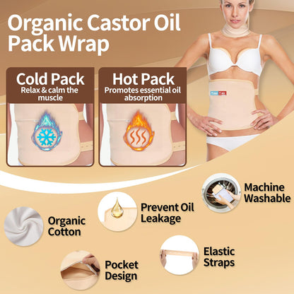 Pjordo Cotton Castor Oil Pack Wrap — 10oz Cold-Pressed Oil, Reusable Pack