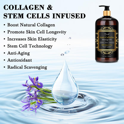 Pjordo Anti Cellulite Massage Oil Kit – Collagen, Stem Cells & Massager for Skin Tightening
