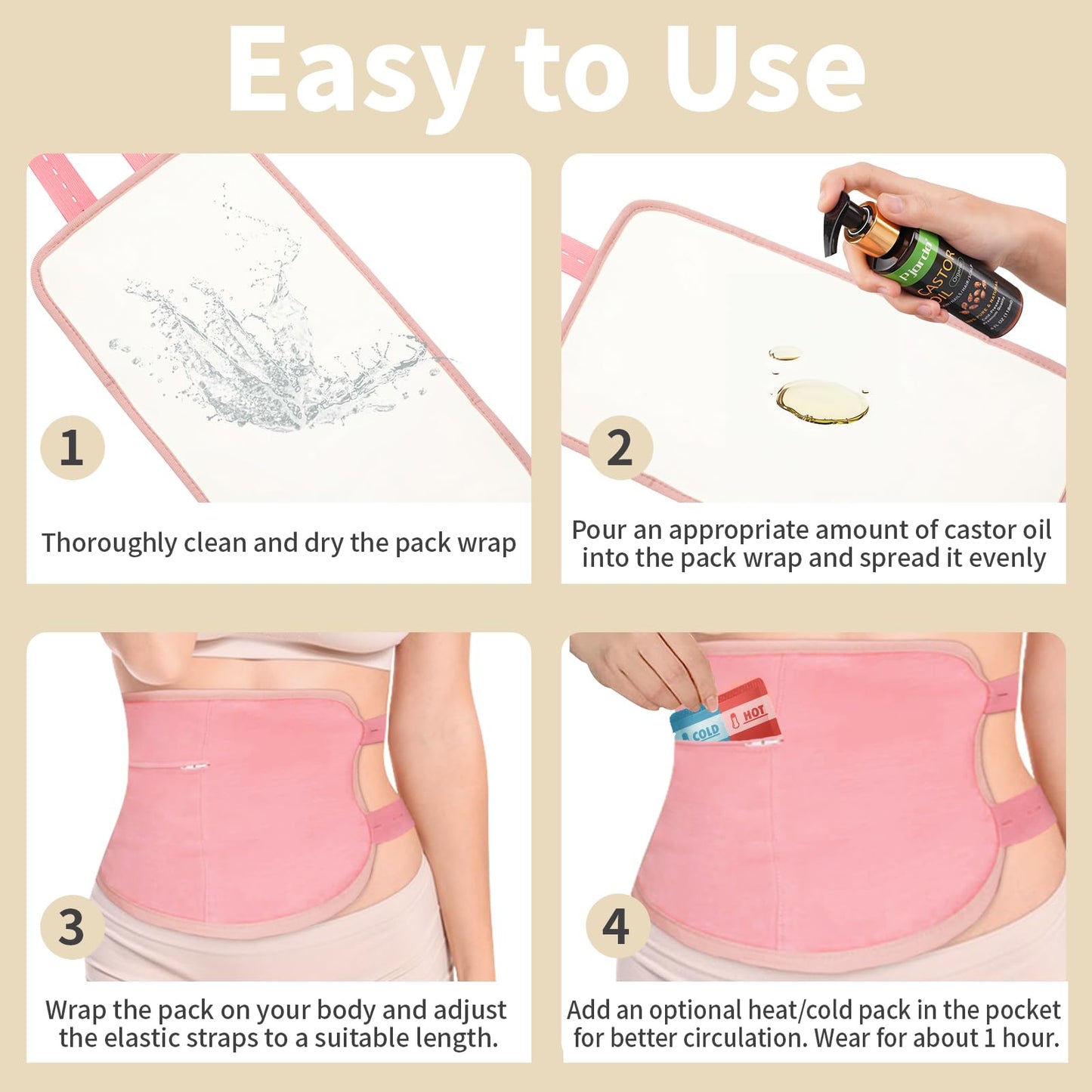 Pjordo Castor Oil Pack Wrap - Natural Cold-Pressed Oils, Reusable Cotton Pack for Abdomen, Neck, Elbows & Knees