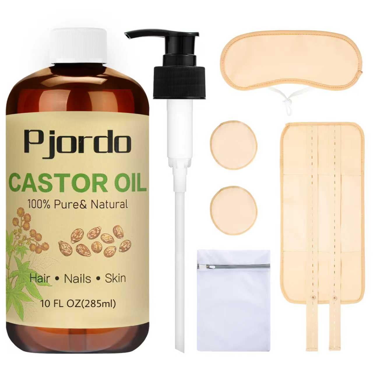 Pjordo Cotton Castor Oil Pack Wrap — 10oz Cold-Pressed Oil, Reusable Pack