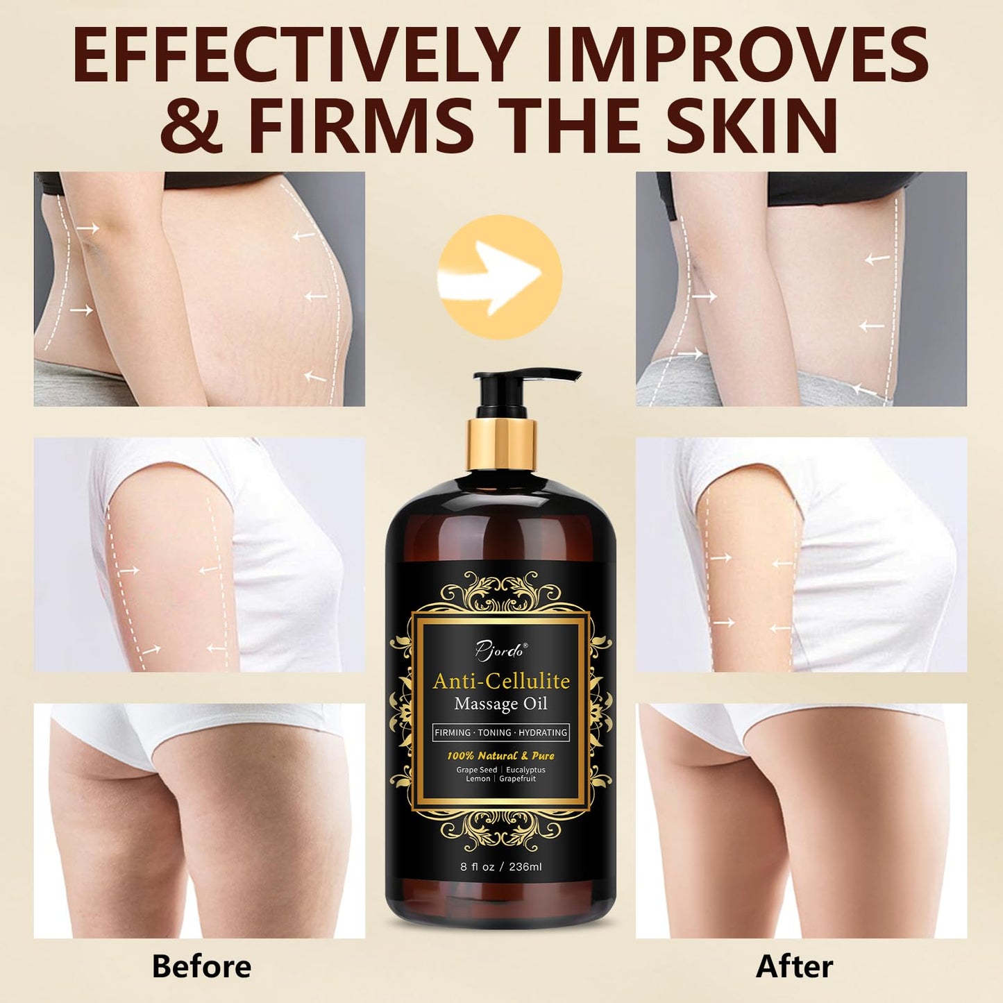 Pjordo Anti Cellulite Massage Oil - Natural Body Firming & Moisturizing