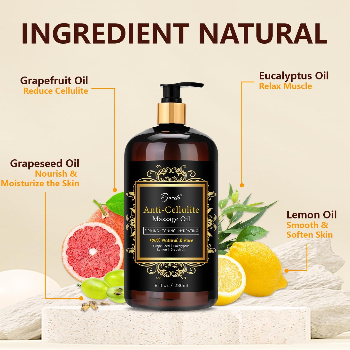 Pjordo Anti Cellulite Massage Oil - Natural Body Firming & Moisturizing