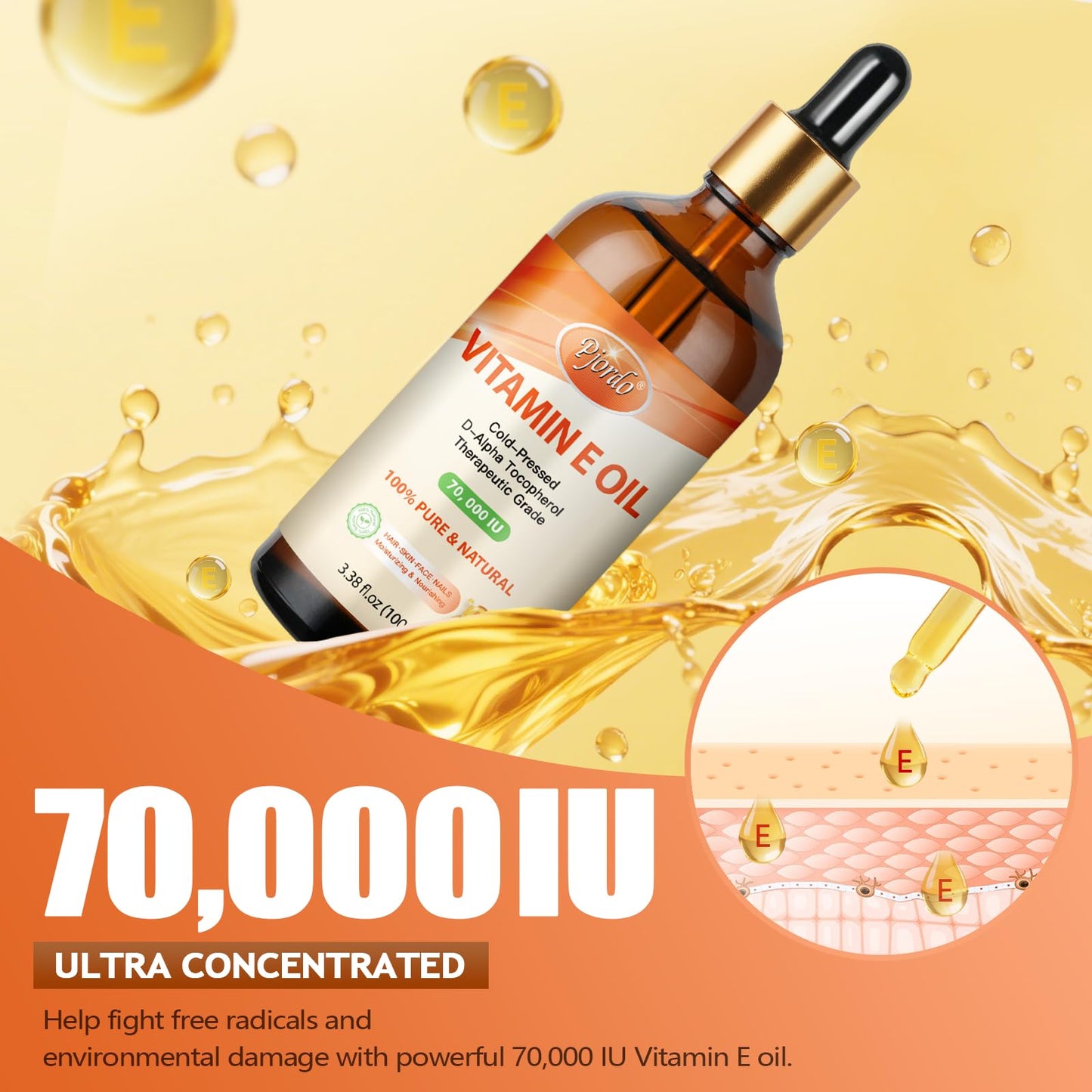Pjordo Vitamin E Oil – 70,000 IU, 100% Pure & Organic, Cold-Pressed for Skin, Face, Hair & Nails