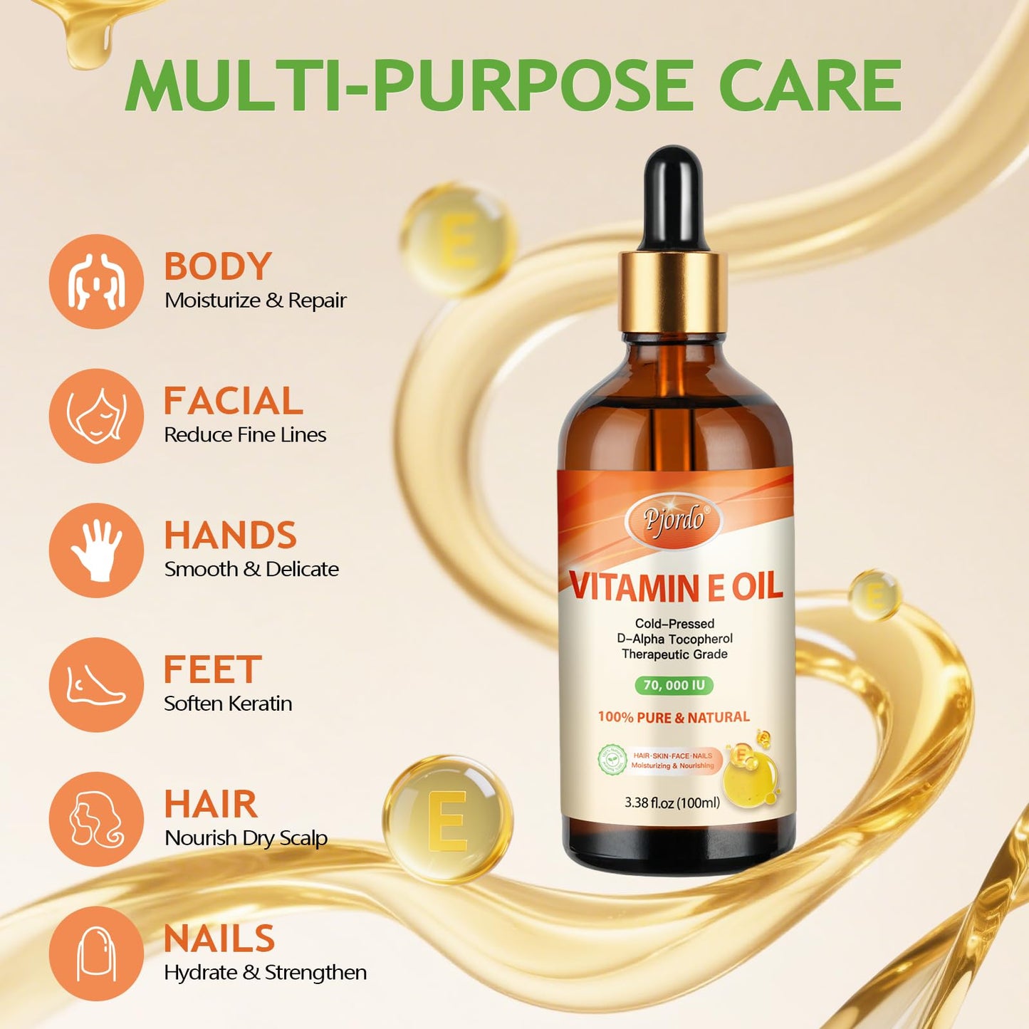 Pjordo Vitamin E Oil – 70,000 IU, 100% Pure & Organic, Cold-Pressed for Skin, Face, Hair & Nails