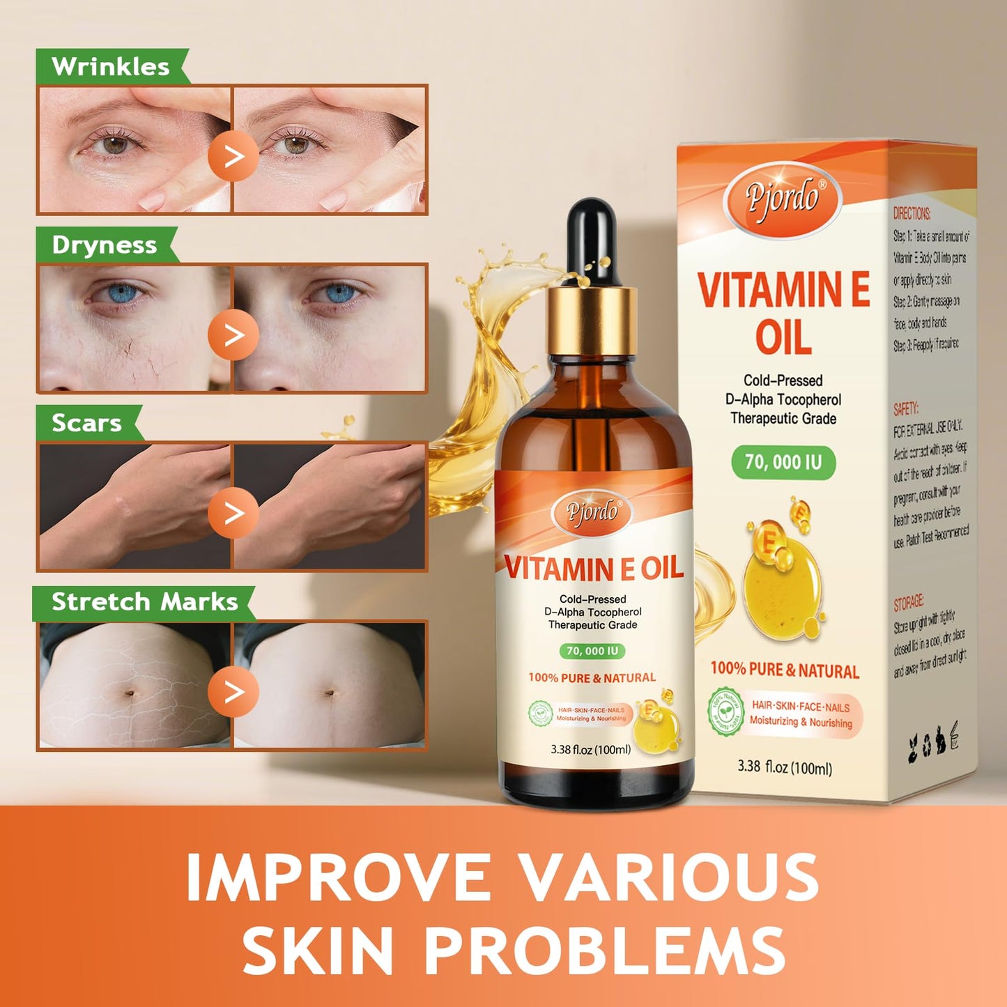 Pjordo Vitamin E Oil – 70,000 IU, 100% Pure & Organic, Cold-Pressed for Skin, Face, Hair & Nails