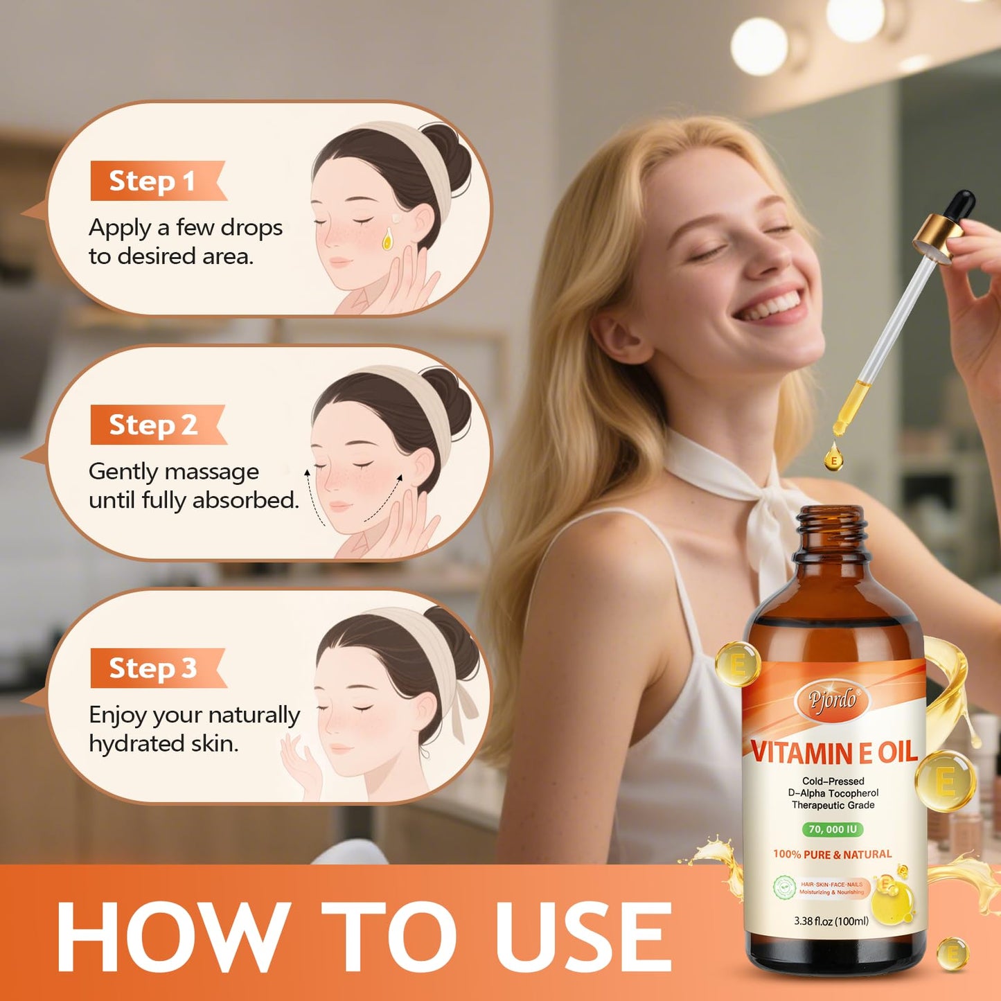 Pjordo Vitamin E Oil – 70,000 IU, 100% Pure & Organic, Cold-Pressed for Skin, Face, Hair & Nails