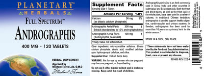 Planetary Herbals Full Spectrum Andrographis 400mg - Supports Digestive, Immune, Cardiovascular & Urinary Health - 120 Tablets