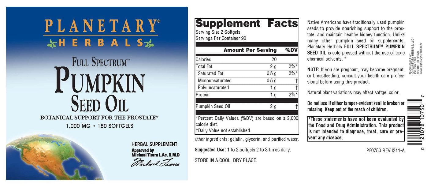 Planetary Herbals Full Spectrum Pumpkin Seed Oil 1000 mg - Prostate Support (180 Count)