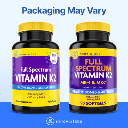 InnovixLabs Full Spectrum Vitamin K2-90 Softgels with MK4 & MK7 (600 mcg) – Supports Bone Health, Brain Function | Soy & Gluten Free