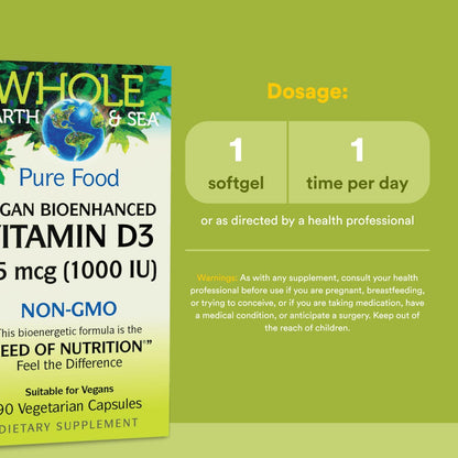 Whole Earth & Sea Vitamin D3 1000 IU (25 mcg) – Vegan Whole-Food, 90 Capsules | Natural Factors