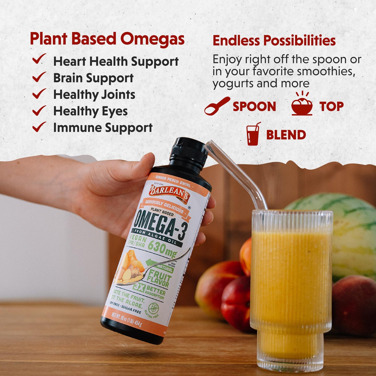 Barlean's Ginger Peach Vegan Omega-3 Algae Oil – 630 mg EPA & DHA, 16 oz