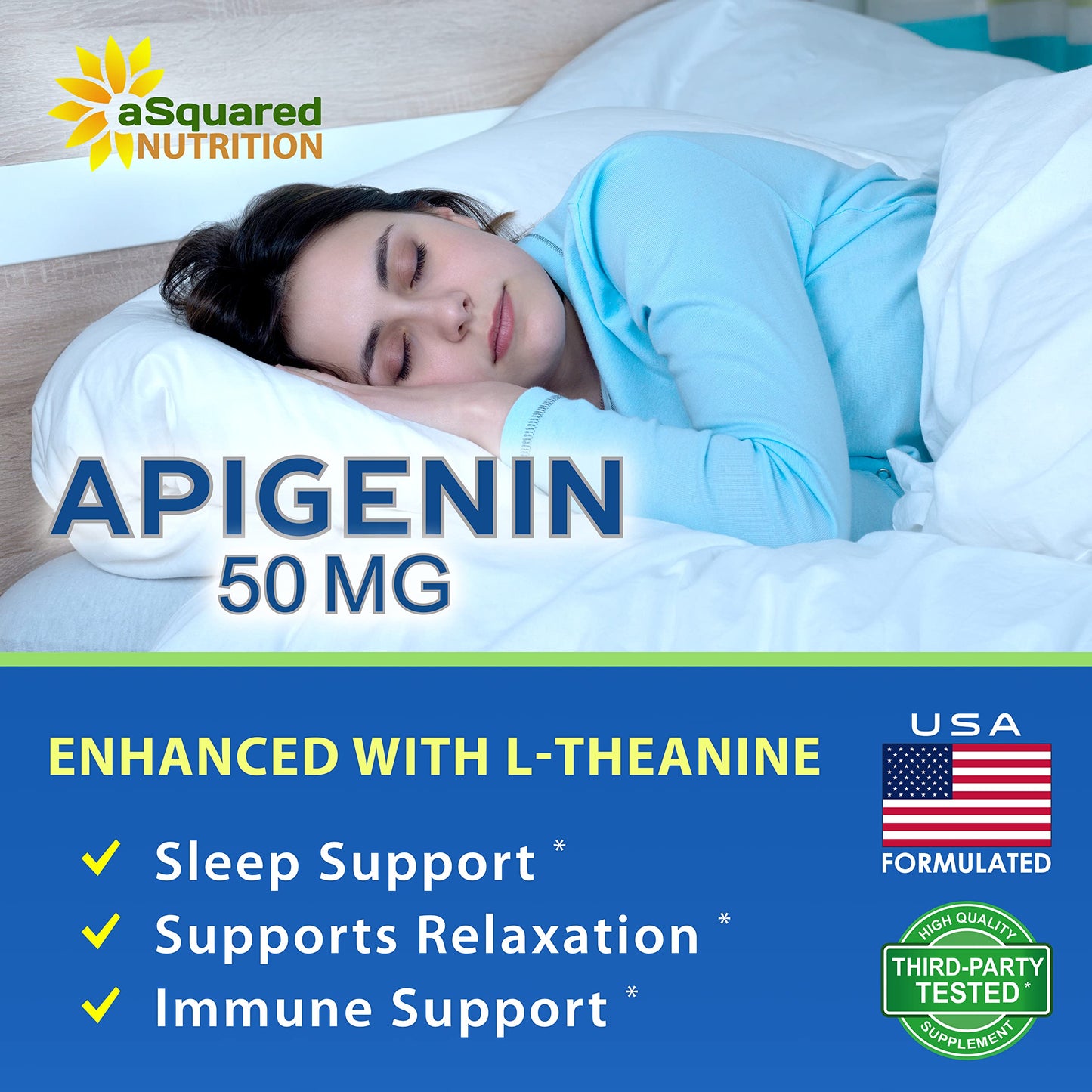 aSquared Nutrition Apigenin 50mg & L-Theanine 200mg – 120 Capsules for Sleep & Relaxation