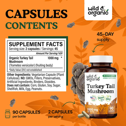 Wild & Organic Turkey Tail Mushroom Capsules 1000 mg – Immune Support (90 Count) | Vegan, Non-GMO