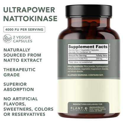 PLANT.O NUTRITION Nattokinase Supplement - 4000 FU, Heart Health - 60 Veggie Capsules - Made in USA
