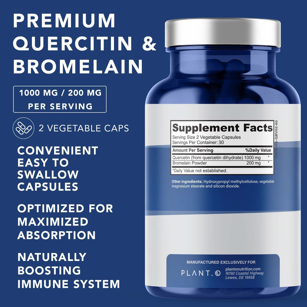 Quercetin with Bromelain 1000mg - Plant.O Nutrition | Immune & Respiratory Support | 60 Veggie Caps