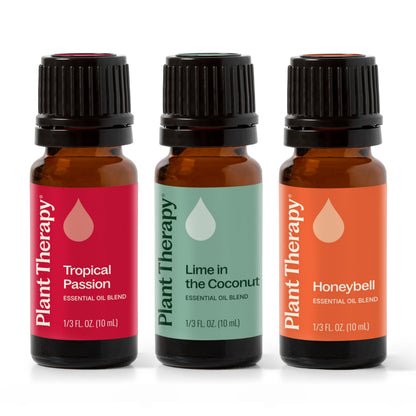 Plant Therapy Tropical Scents Home Set — 3 Essential Oil Blends (Honeybell, Lime in the Coconut, Tropical Passion) 10 mL Each