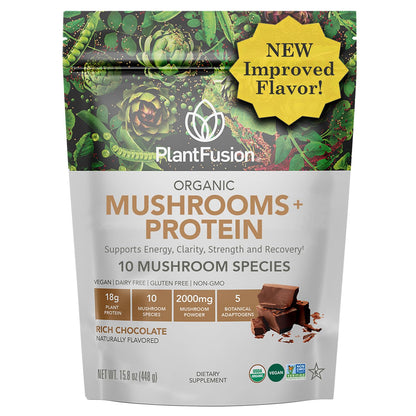PlantFusion Mushroom Protein Powder – 3 in 1 Vegan Protein, Adaptogen, Chocolate 1lb