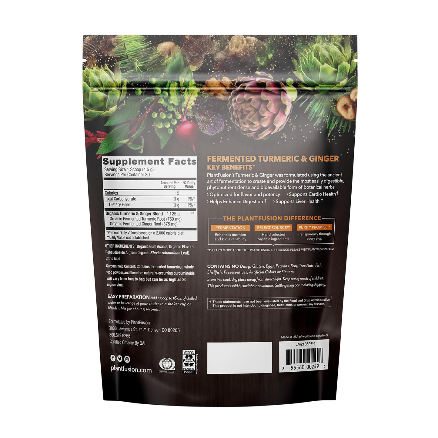 PlantFusion Turmeric & Ginger Drink Mix – Fermented Whole Food Nutrition, 4.76 oz, 30 Servings, USDA Organic