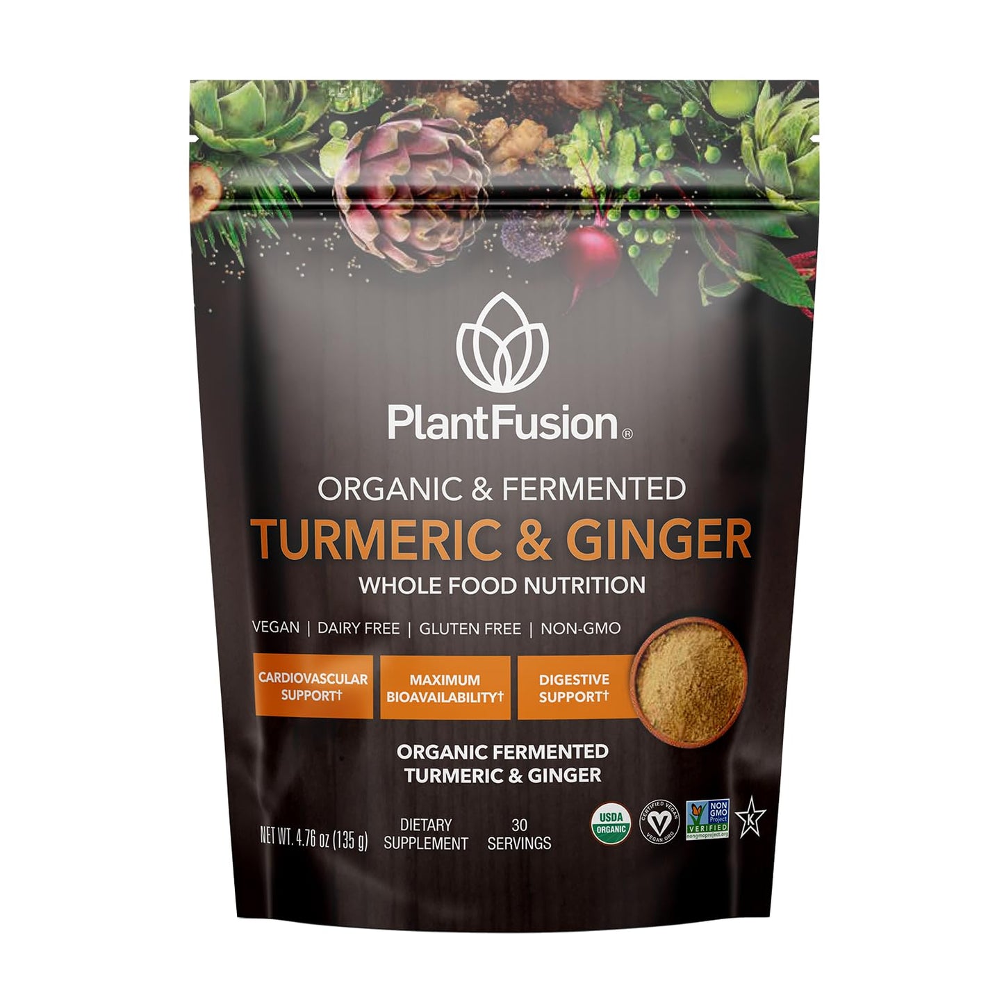 PlantFusion Turmeric & Ginger Drink Mix – Fermented Whole Food Nutrition, 4.76 oz, 30 Servings, USDA Organic