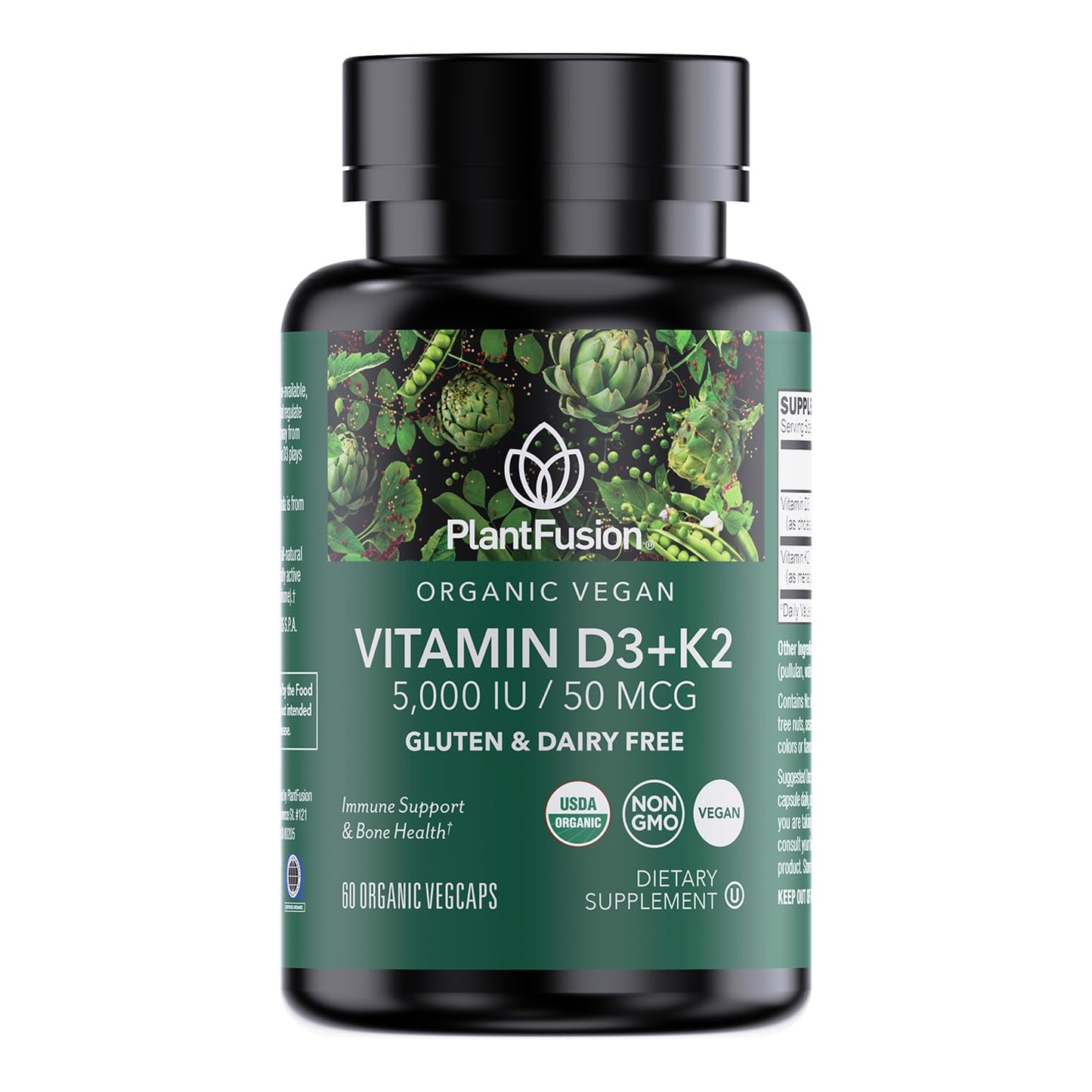 PlantFusion Organic Vegan Vitamin D3 + K2 5,000 IU | 60 Capsules | Immune Support & Bone Health
