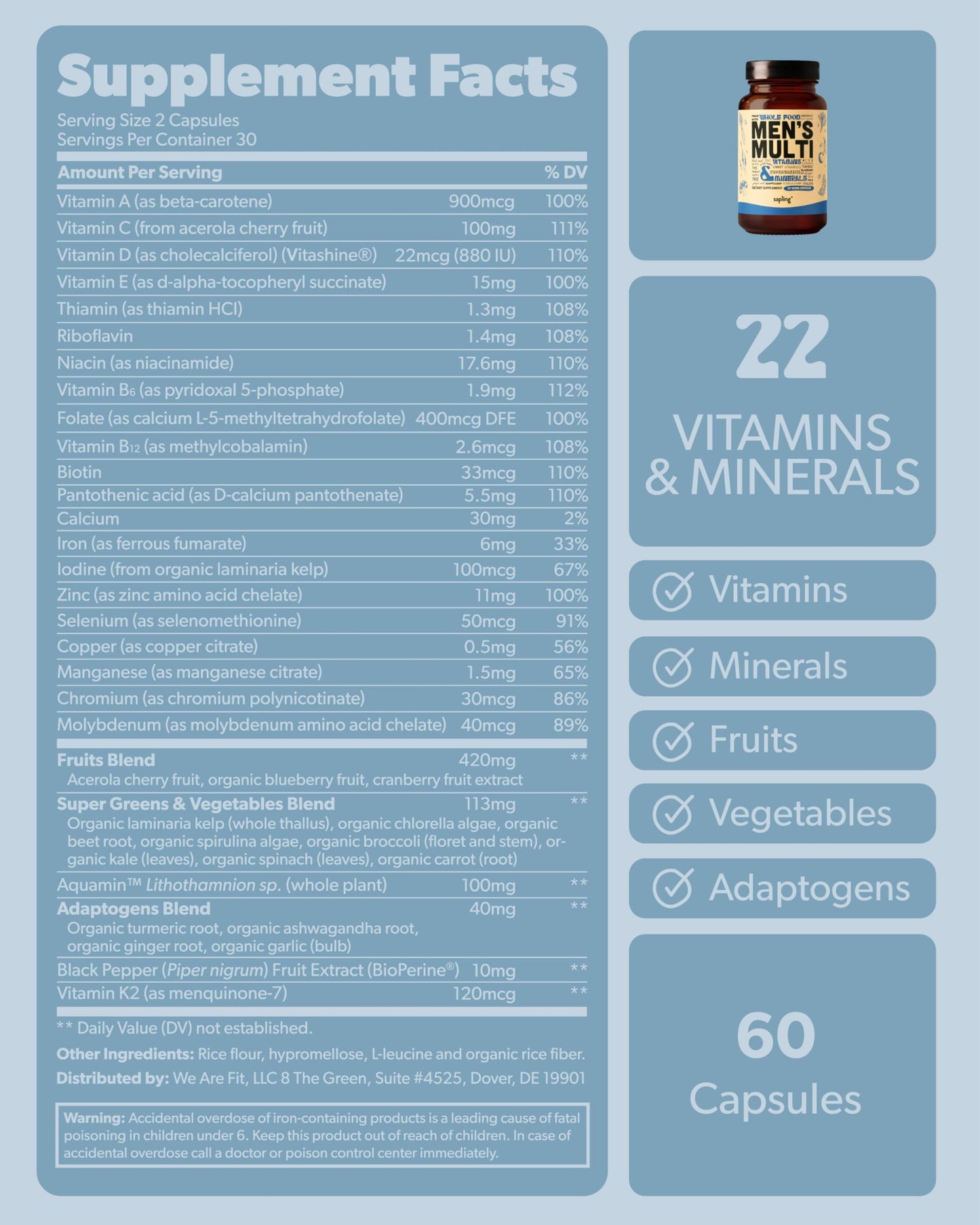 Multivitamin for Men | Daily Methylated B Complex, Whole Food Ingredients | Vegan & Non-GMO | 60 Caps
