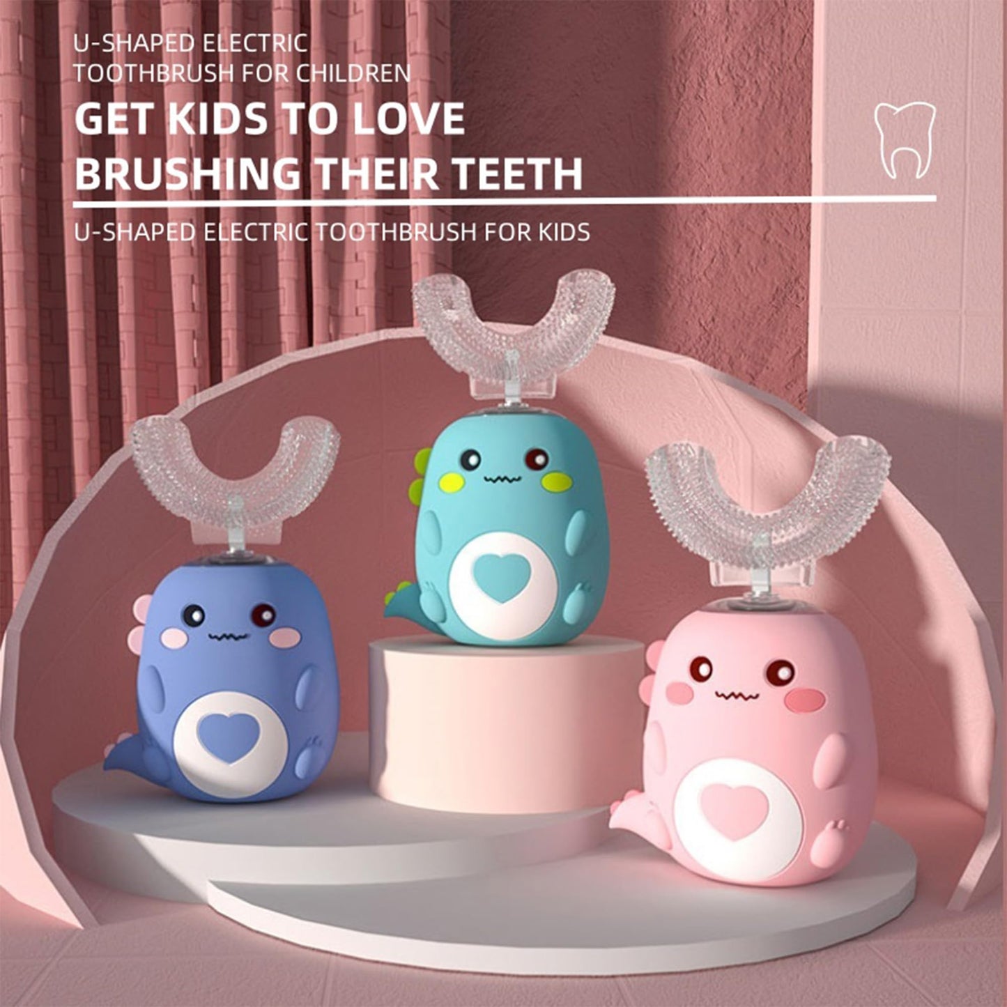 PLAYIKO Kids U Shaped Electric Toothbrush - 4 Heads, 360° Sonic, 3 Modes, IPX7 (Ages 2-12)