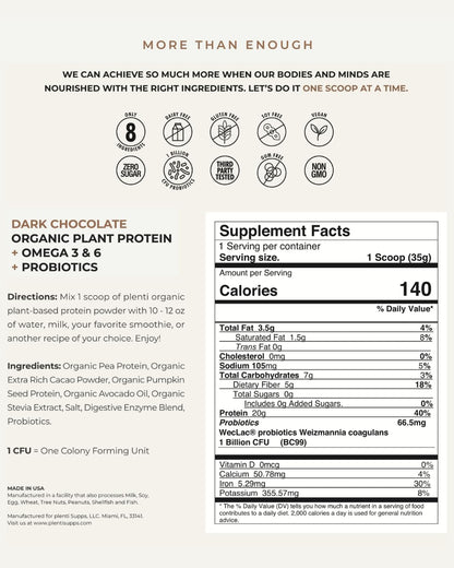 plenti Organic Plant-Based Protein Powder – Dark Chocolate, 27 Servings (2 lb) with 20g Pea Protein + Probiotics