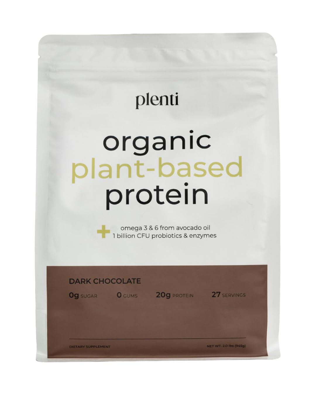 plenti Organic Plant-Based Protein Powder – Dark Chocolate, 27 Servings (2 lb) with 20g Pea Protein + Probiotics