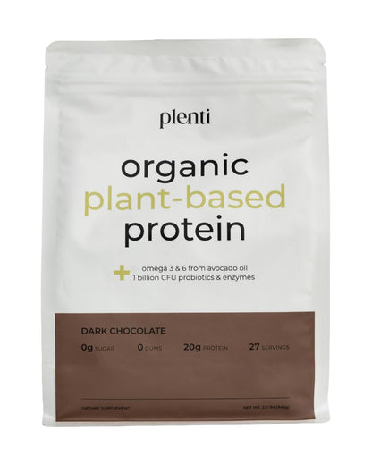 plenti Organic Plant-Based Protein Powder – Dark Chocolate, 27 Servings (2 lb) with 20g Pea Protein + Probiotics