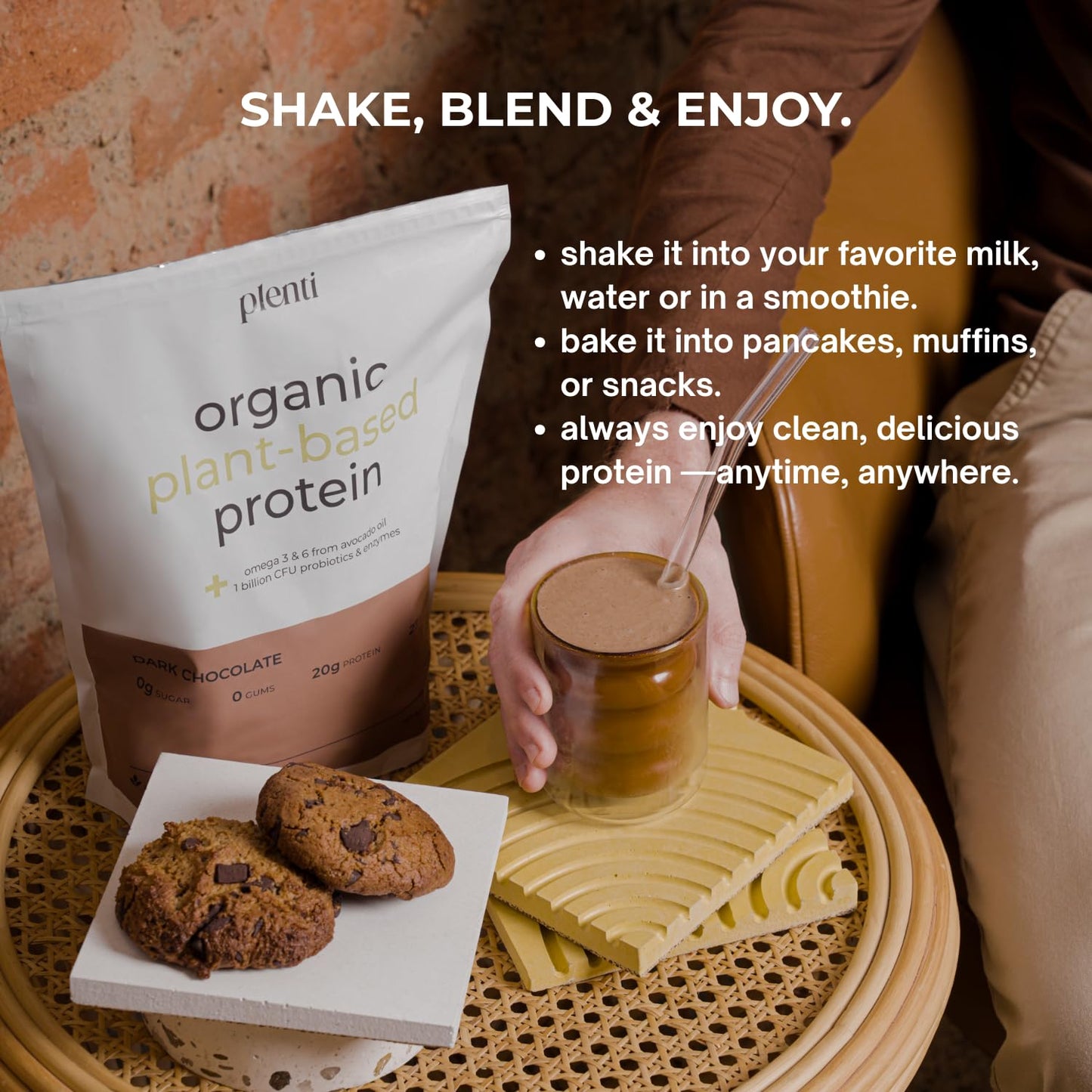 plenti Organic Plant-Based Protein Powder – Dark Chocolate, 27 Servings (2 lb) with 20g Pea Protein + Probiotics