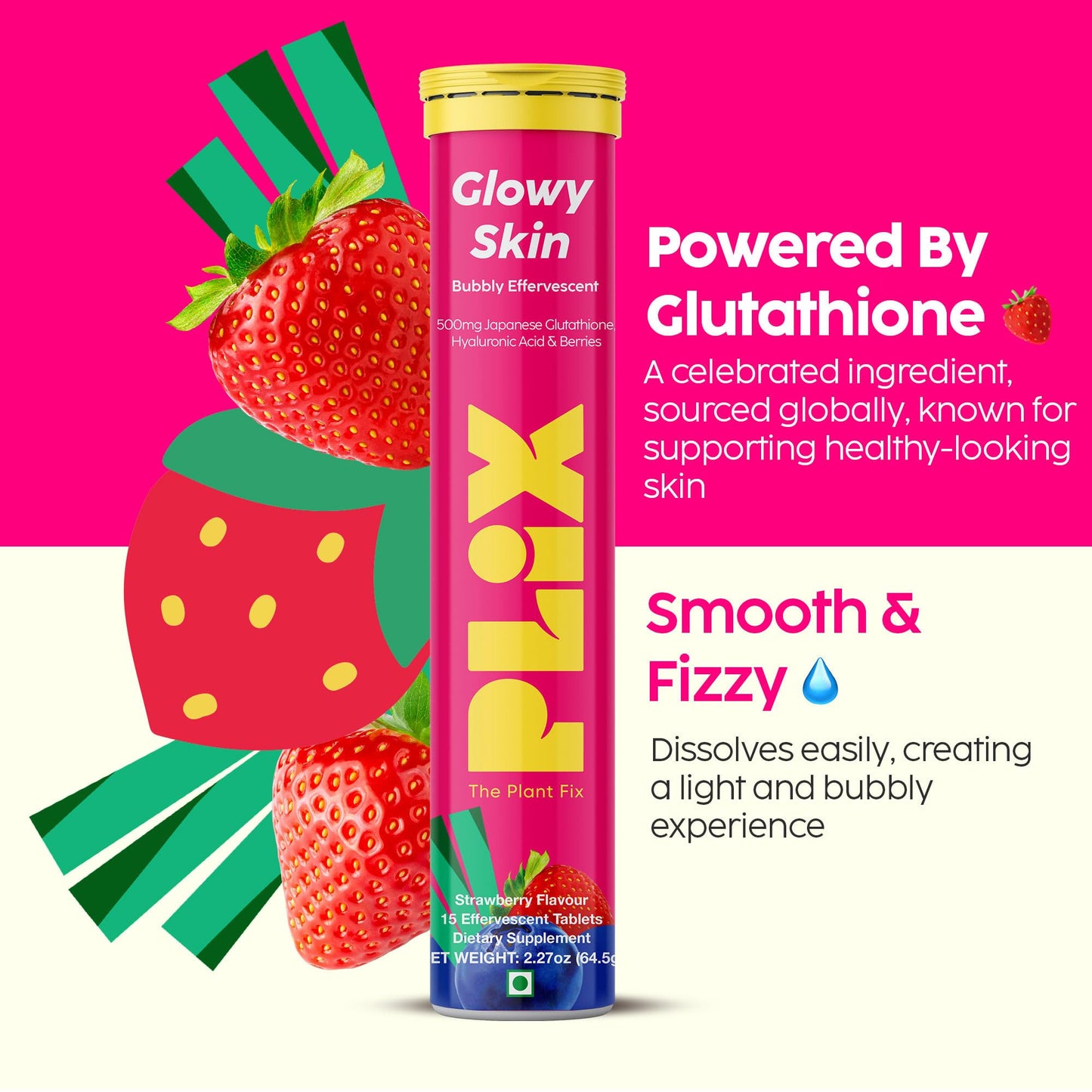 PLIX Glowy Skin 500mg Glutathione | Hyaluronic Acid, Vitamin C & Berries | 60 Effervescent Tablets – Strawberry