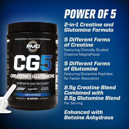 PMD CG5 Premium Creatine & L-Glutamine Powder – Pre & Post Workout Support, Unflavored, 60 Servings