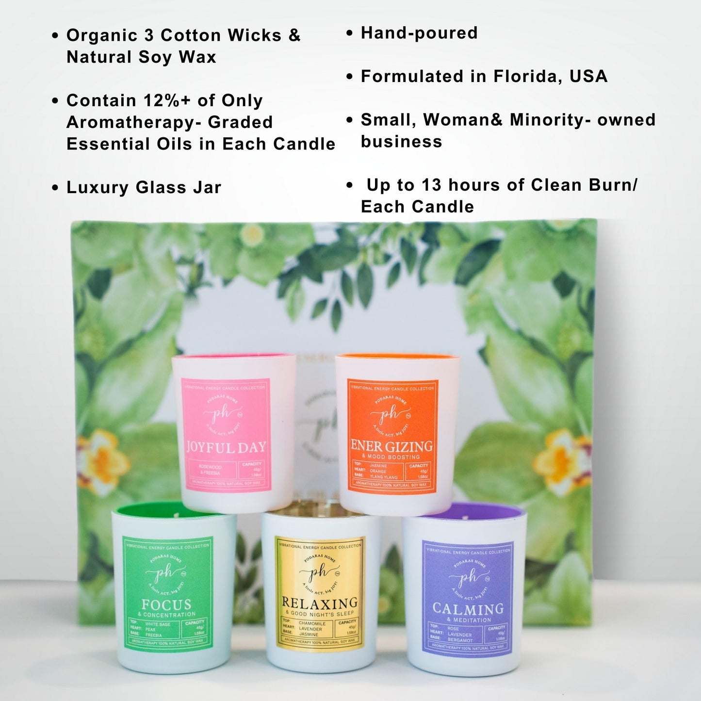 Podaras Home 12% Essential Oil Soy Wax Samplers — Gift Set of 5 Candles (45g each)
