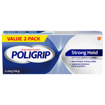 Poligrip Strong Hold Denture Adhesive Cream, 2 Pack – All-Day Hold