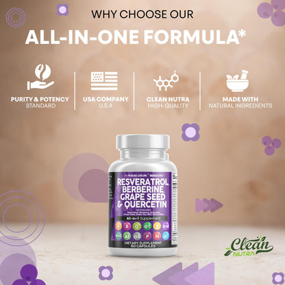 Clean Resveratrol Supplement with Berberine, Grape Seed & Quercetin