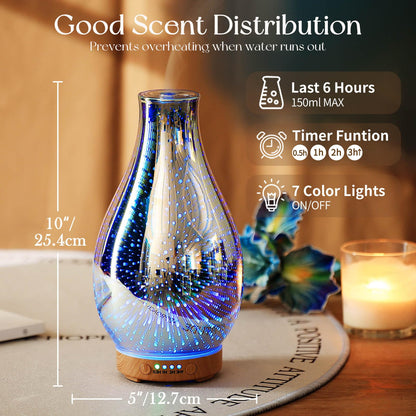 Porseme 100ml Essential Oil Diffuser – 3D Glass Ultrasonic Humidifier with Auto Shut-Off (BPA Free)