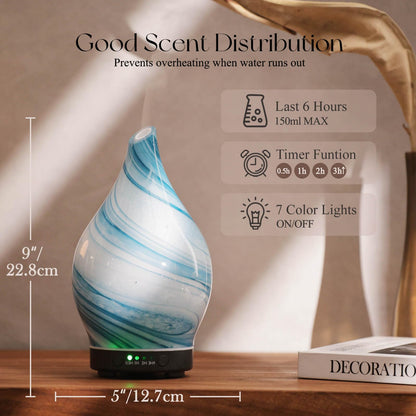 Porseme 150ml Glass Essential Oil Diffuser – Color-Changing Ultrasonic Humidifier (Blue Ink)