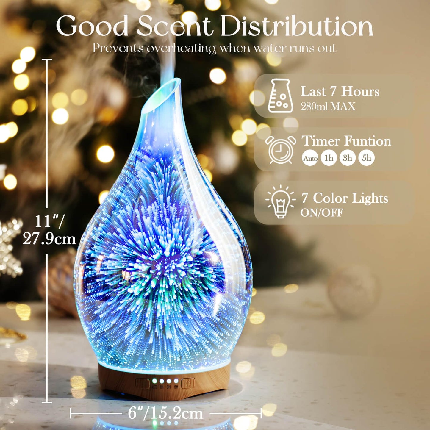 Porseme 280ml 3D Glass Essential Oil Diffuser – Ultrasonic Humidifier, Auto Shut-Off, BPA Free