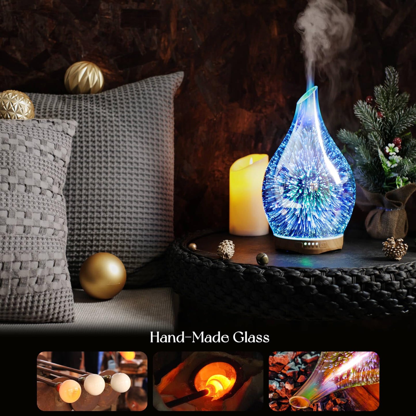 Porseme 280ml 3D Glass Essential Oil Diffuser – Ultrasonic Humidifier, Auto Shut-Off, BPA Free