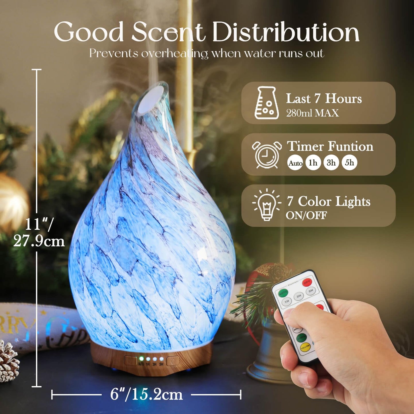 Porseme 280ml Glass Essential Oil Diffuser with Remote - Color Changing LED, 7 Hours, Waterless Auto-Off (Light Blue)