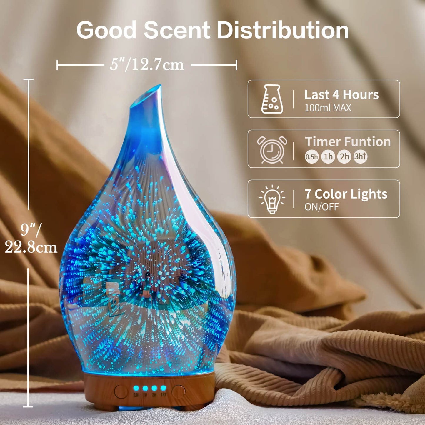 Porseme 100ml 3D Glass Essential Oil Diffuser – Ultrasonic Humidifier with Auto Shut-Off, 4H Timer, BPA-Free | Home Spa Yoga