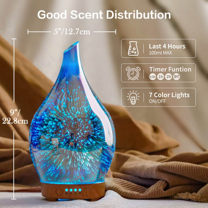 Porseme 100ml 3D Glass Essential Oil Diffuser – Ultrasonic Humidifier with Auto Shut-Off, 4H Timer, BPA-Free | Home Spa Yoga