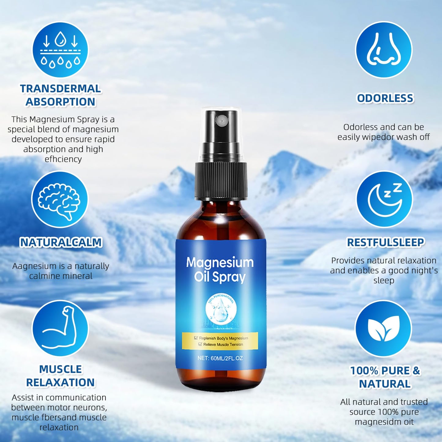 Pure Magnesium Oil Spray – Foot & Body Care, 60ml Leak-Proof Portable Bottle