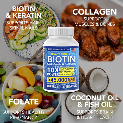 Biotin, Collagen & Keratin with Folate – Hair Growth Vitamins for Women & Men (60 Caps)