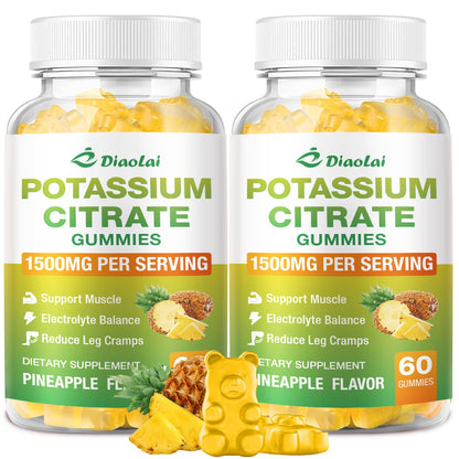 Potassium Citrate 1500mg Gummies – Potassium Supplement for Leg Cramps & Muscle Health | Vegan Pineapple, 120 Count